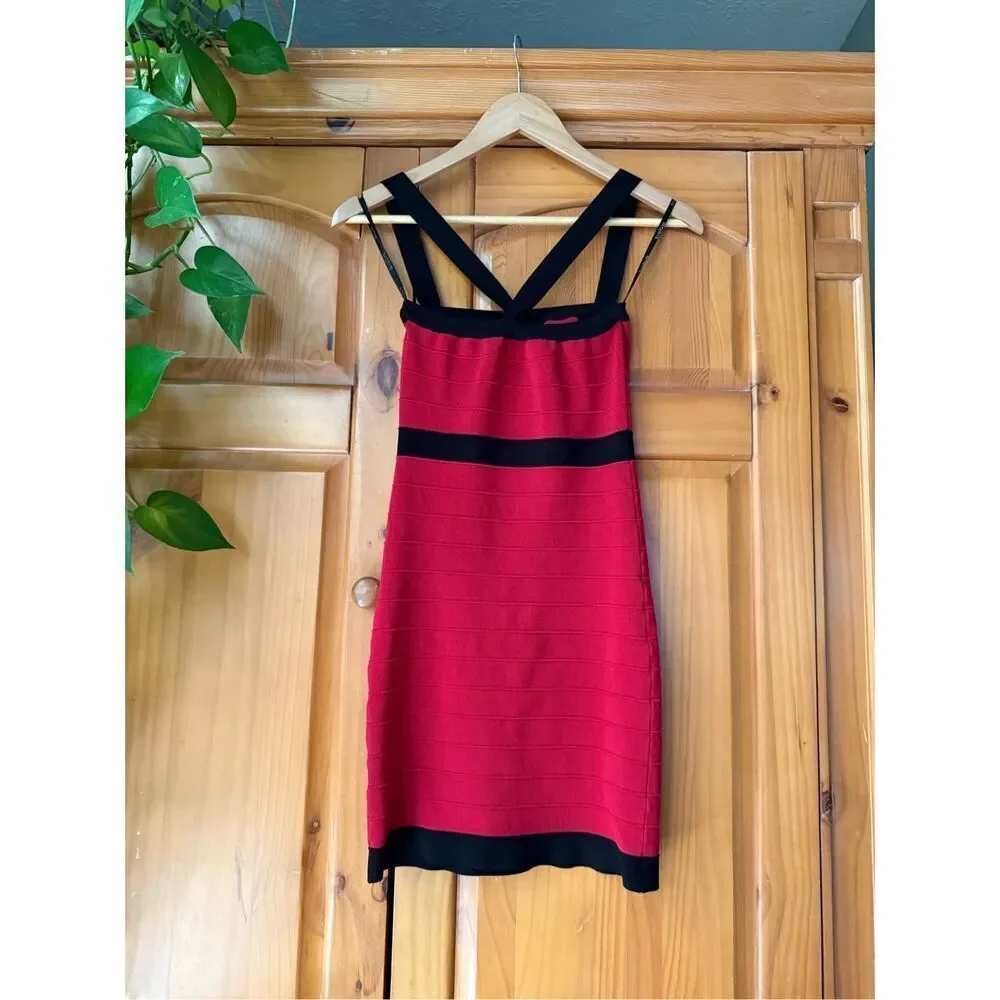Bebe Red Black Bandage Bodycon Dress Strappy Back Mini XS S Y2K